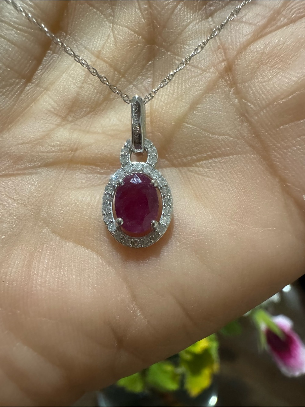 Vintage 1CT Natural Ruby & Diamonds Halo Pendant Necklace 10K White Gold - Picture 10 of 17